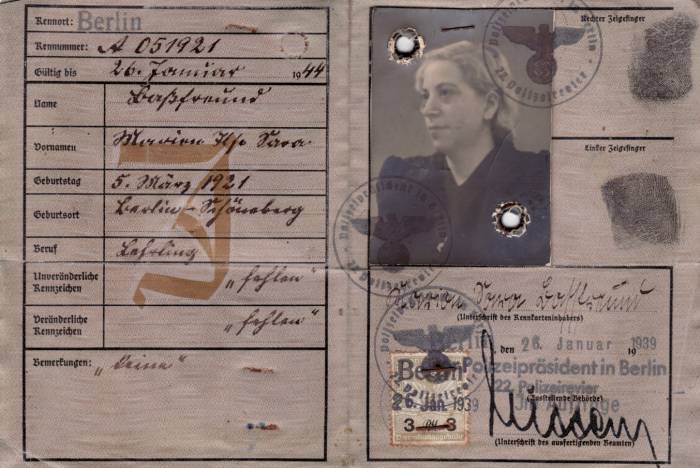 Identification card of Marion Basfreund, marked with a red “J” for Jude and with “Sara” added to her name.