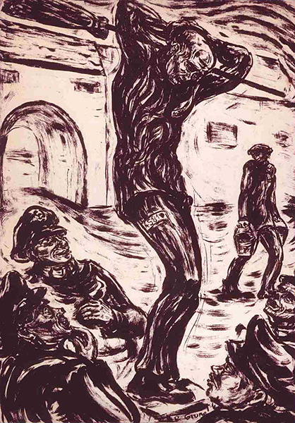 Lithograph depicting a prisoner with an inverted triangle classification being tortured while guards jeer. A lithograph from Richard Grune’s series, “Passion des XX Jahrhunderts” (“Passion of the Twentieth Century”). Grune was persecuted under Paragraph 175, and, from 1937 to liberation in 1945, was incarcerated in Sachsenhausen and Flossenbürg concentration camps. The lithographs in this series reflect what he witnessed.  