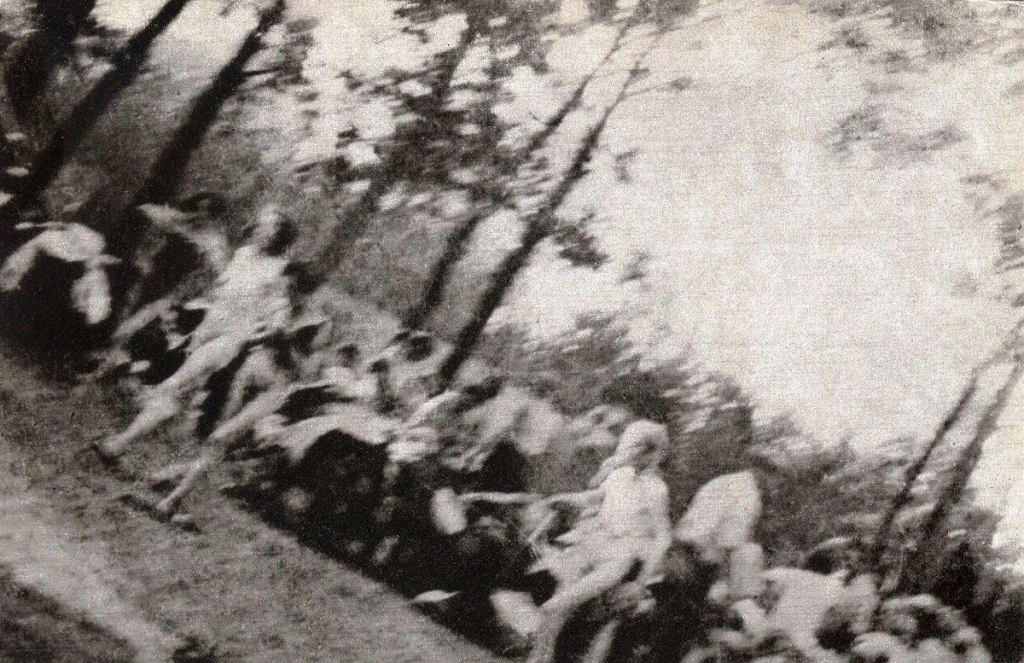 Blurry cropped image of naked woman being taken to gas chamber, August 1944. Taken secretly by Sonderkommando to document mass murder.