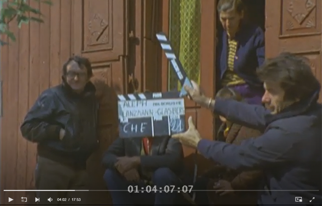 Screen shot of the raw footage from the interview conducted by Claude Lanzmann with the couple from Grabow in front on their home and door.