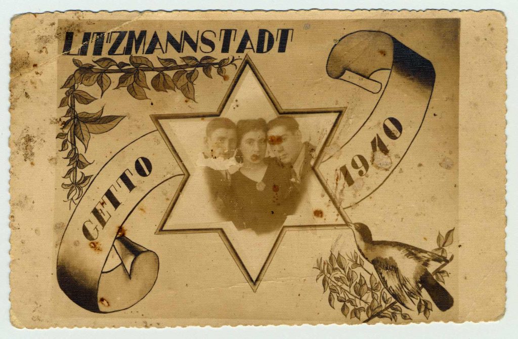 The postcard measures 4x6 inches. A vine and a dove are visible on an olive branch, both symbols of peace. Avrum Feigenbaum, his brother Mordechai, and his wife Minka took great risks to pose for this photo.