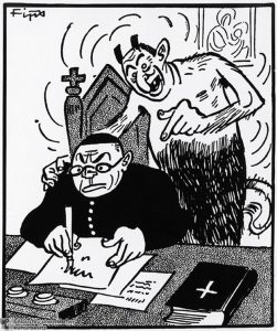 According to this caricature, it is the "Jewish devil" himself who feeds criticisms of the Nazi regime to Catholic priests.