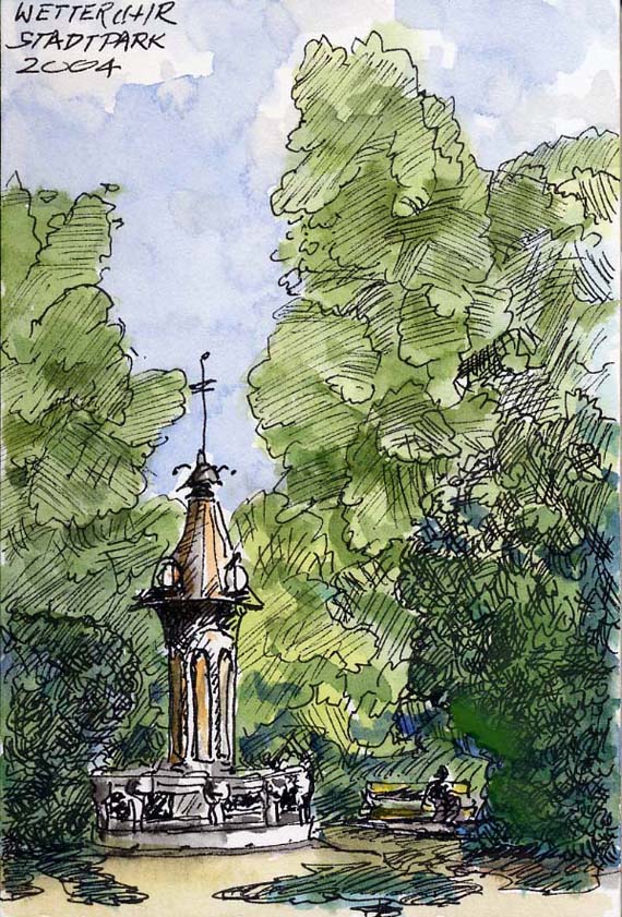 Peinture à l'aquarelle et au crayon de l'horloge météorologique du premier parc public de la ville de Vienne par Josef