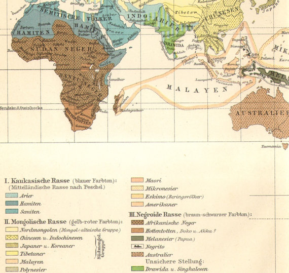 Detail from Ethnographic map of Africa, Arabia, the Indian Subcontinent, and Southeast Asia, from the Meyers Blitz-Lexikon (1932). 