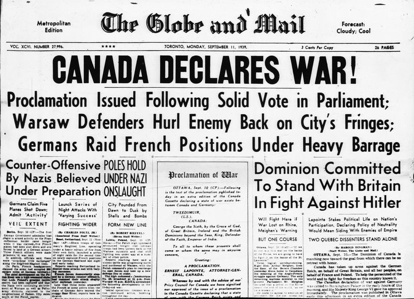 Front page of the Globe and Mail newspaper on September 11, 1939.