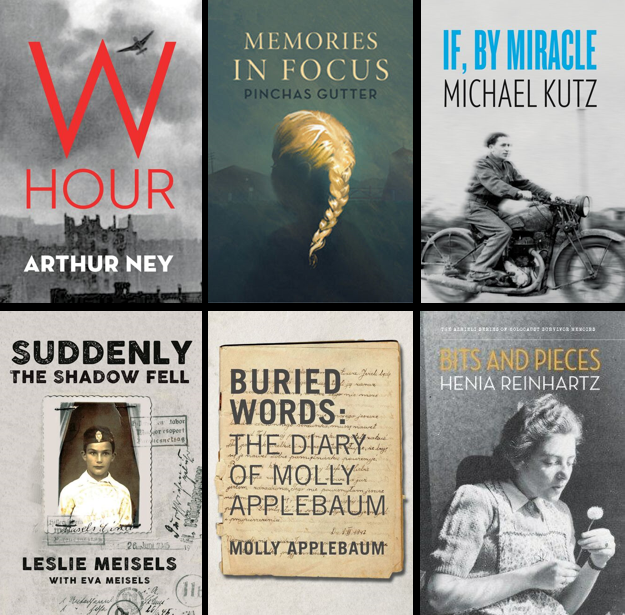 From right to left: W Hour by Arthur Ney, Memories in Focus by Pinchas Gutter, If, By Miracle by Miachel Kutz, Suddenly The Shadow Fell by Leslie Meisels with Eva Meisels, Buried Words by Molly Applebaum, and Bits and Pieces by Henia Reinhartz.