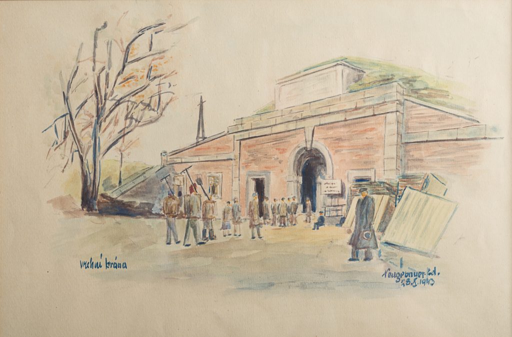 A watercolour painting of the idealized main entrance to the Terezin ghetto by Edvard Neugebauer.