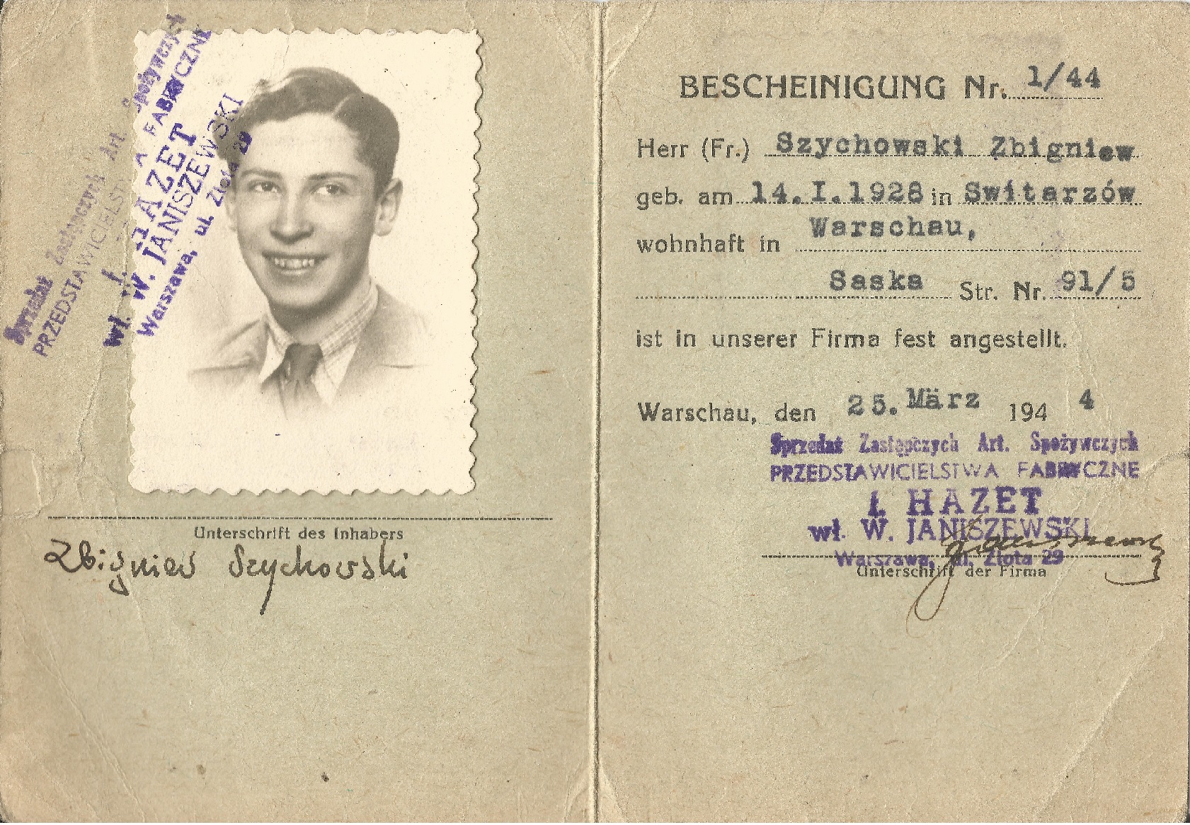 Aryan identity paper issued on March 25, 1944.