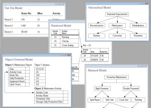 Database models: flat file, hierarchical, relational, object oriented, and network