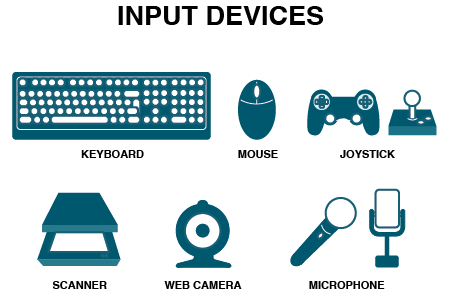 Input Devices: keyboard, Mouse, Joystick, Scanner, Camera, Microphone