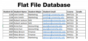 Flat File Database Example - one dimensional table of data oganized in rows and columns.