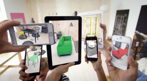 Augmented reality example of using a smartphone to imagine what furniture will look like in a space before purchasing.