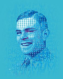 Mosaic portrait of Alan Turing using the mathematical analysis used to decode the Enigma machines during the World War II.