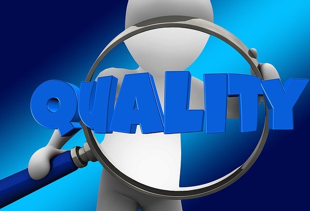 Graphic of generic person with magnifying glass and the word “quality” in blue