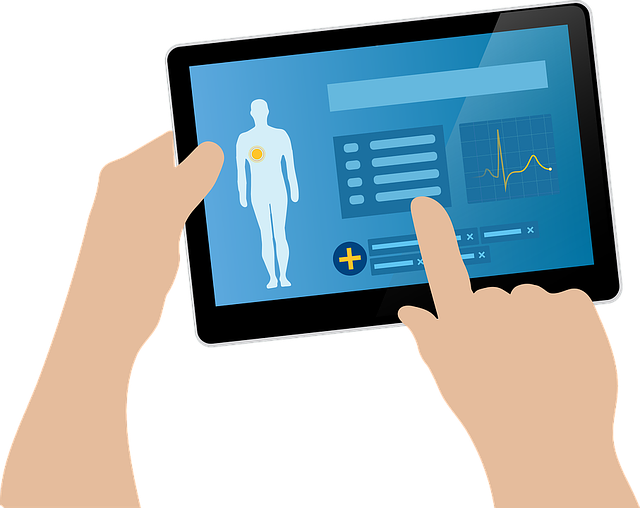 Tablet in hands depicting overview of patient health data (generic no details but view of list, vital sign graph, patient body)