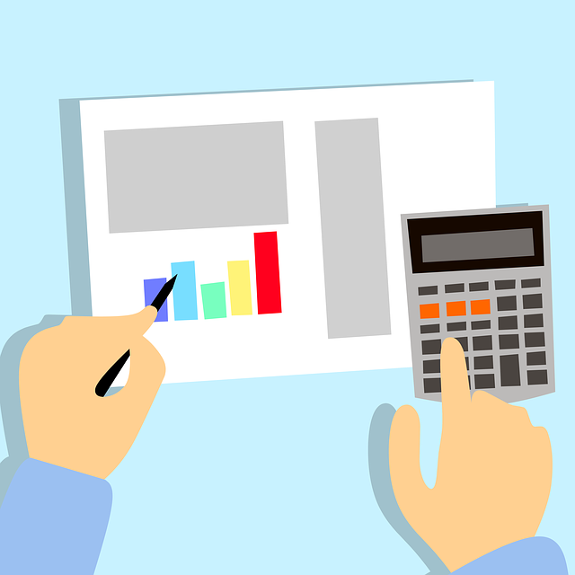 Graphic with spreadsheet, calculator and hands