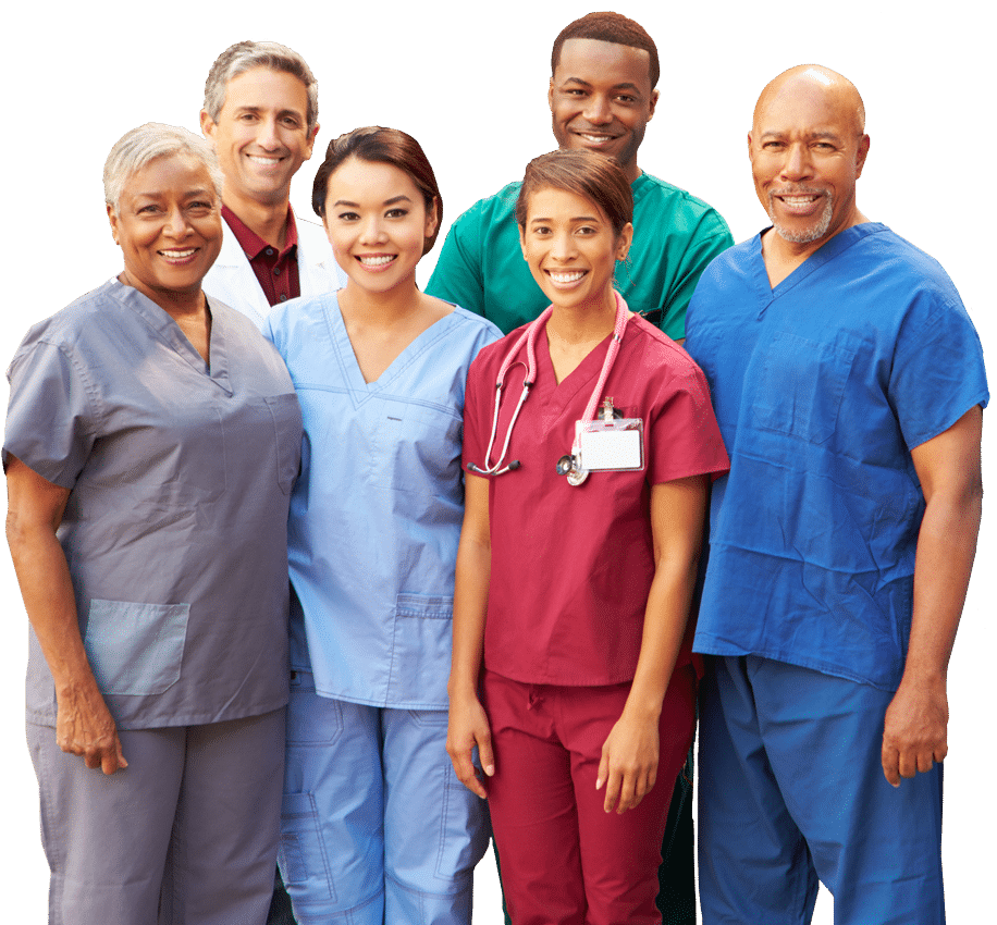 Six members of a health care team smiling