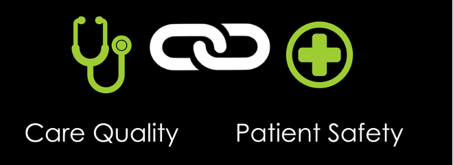 Stethoscope and cross with a link between them. The words Care Quality and Patient Safety are below.