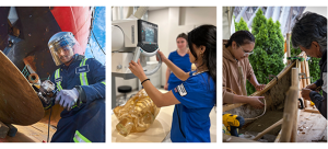 3 images showing 3 different programs offered at Mohawk. 1st image is a man grinding a piece of metal wearing a blue jumpsuit and face shield. Second image are 2 female medical imaging techs wearing blue scrubs setting up an x-ray. The 3rd image is of 2 individuals working on a canoe.