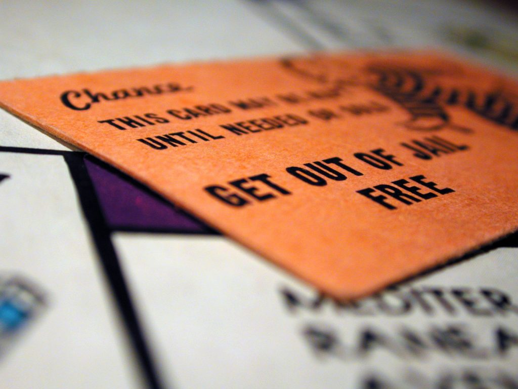 Close-up Monopoly get out of free jail card