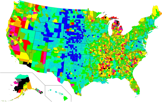This image shows the unemployment rates by county throughout the United States in 2008.