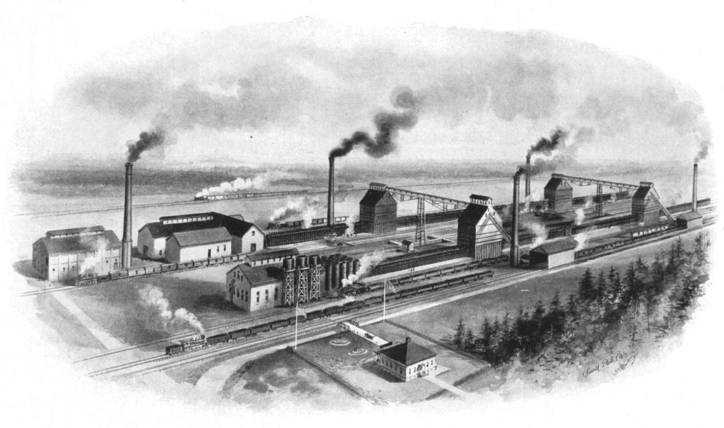 Sketch of industrial ovens and smokestacks by the water.