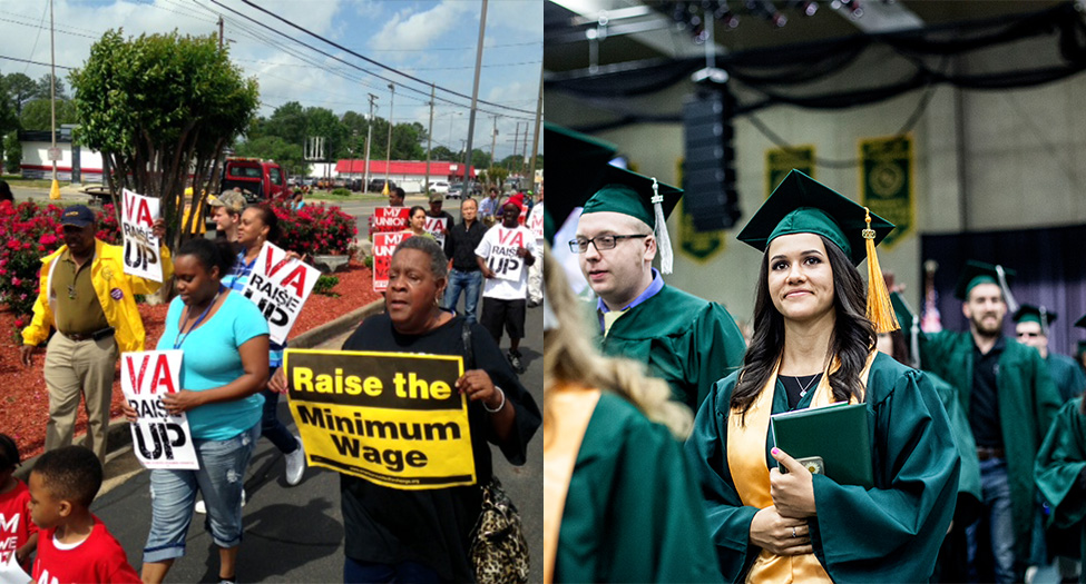 The photo on the left shows people protesting in response to Wisconsin governor Scott Walker’s collective bargaining laws. The photo on the right shows people graduating.