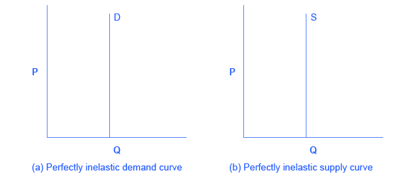 Two graphs which both have the vertical axis Price (P) and the horizontal axis Quantity (Q). Panel A depicts the perfect inelastic demand curve (D) which is a straight vertical line in the centre of the graph.Panel B depicts the perfect inelastic supply curve (S) which is a straight vertical line in the centre of the graph.  