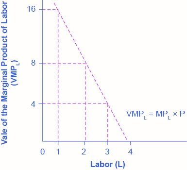 The graph has a vertical axis Value of the Marginal Product of Labour (VMP1) and horizontal axis Labour. Line plotted with data slopes downward from left to right. Data shown in table Marginal Revenue Product. VMPL=MP * P