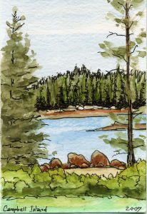 Watercolour painting of water surrounded by trees