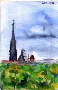 A watercolour painting of three buildings on a sunny day