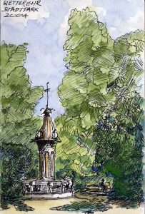 A watercolour image of a statue in a park.