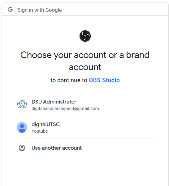 Select an account to use for live streaming with Google OAuth Service