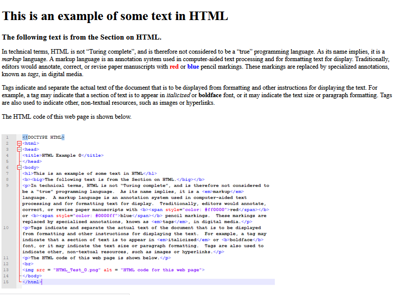 This image shows a web page with the header “This is an example of some text in HTML”.  A short description follows, and a screen shot of the HTML code that generated the page, as shown in a text editor, is displayed as an image.