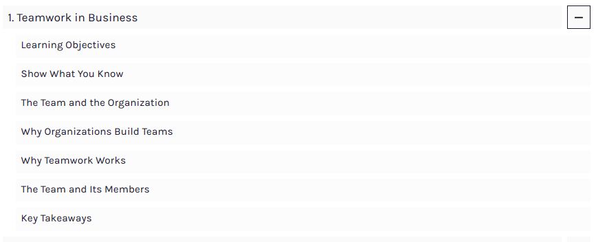 Shows the hierarchy of a Table of Contents. Teamwork in Business with important content showing as the next level down through the use of tags.