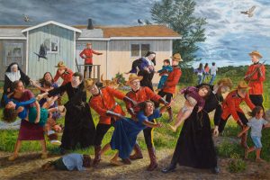 painting showing RCMP officers, nuns, and a priest separating Indigenous siblings and carrying screaming children outside of a residential school.