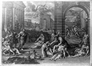 Artwork showing people in ancient times dying from a plague, with others trying to care for them. The plague of the Philistines at Ashdod, an engraving by Petit after a painting by Pierre Mignard. The painting represents a story from 1 Samuel in the Old Testament.