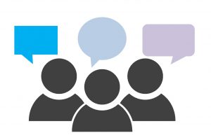 illustration of 3 people with 3 different shapes of speech bubbles