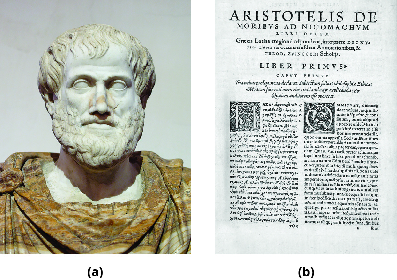 Part A is a statue depicting Aristotle. Part B shows a print copy of Aristotle’s Nicomachean Ethics.