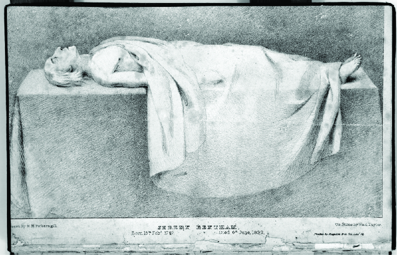 A drawing depicting Jeremy Bentham’s corpse laid out on a table and mostly covered by a sheet.