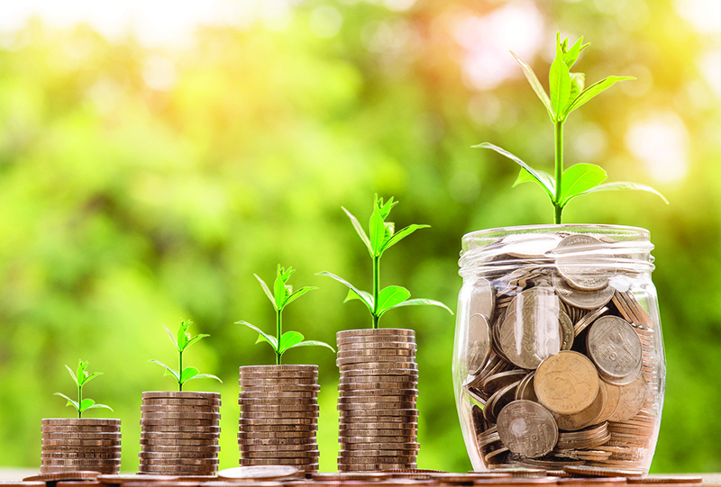 Four stacks of coins and a jar full of coins. The stacks grow in size from left to right. On top of each stack and on top of the jar are plant sprouts increasing in size from left to right.