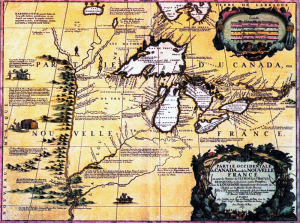 An old map showing the great lakes, rivers, and mountain ranges.