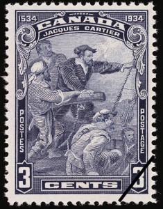 IA 1934 stamp. Cartier stands on his ship with his crew and urgently points to land.