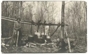 The picture shows the sugar making area in spring, where an Ojibwe women is making maple syrup at the Cass Lake.