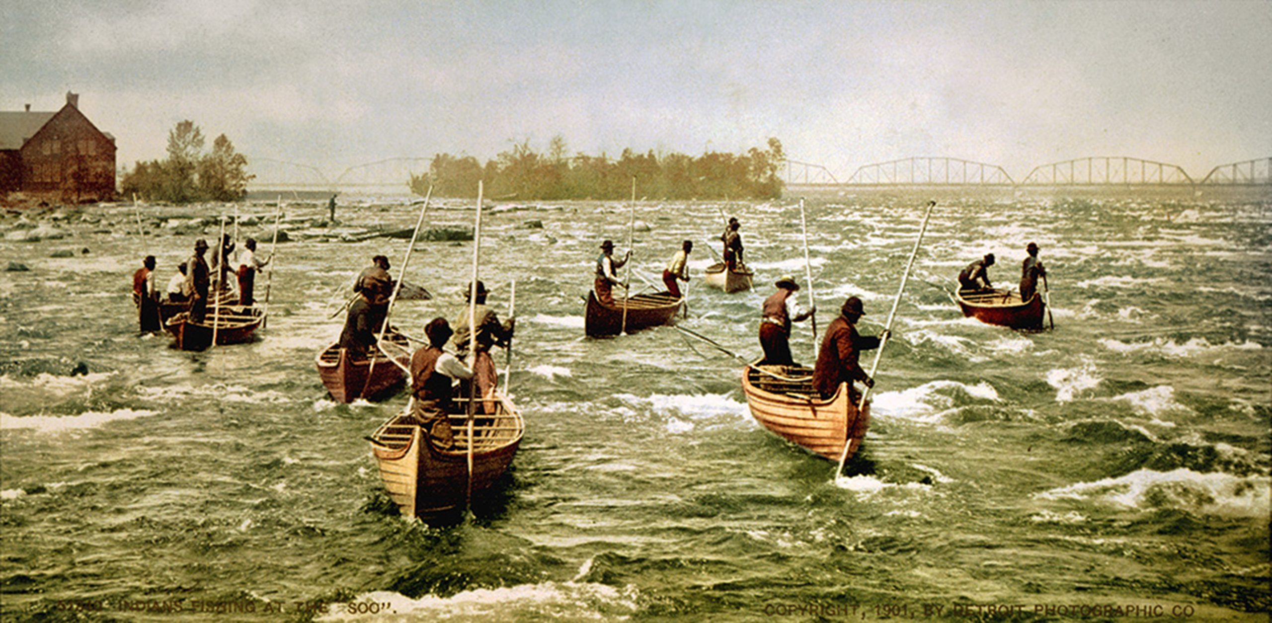 This picture shows the hunting men of Ojibwe (Fishers). They would go hunting on St. Mary's River for fish hunting during the season.