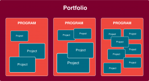 Relationship between a portfolio, programs, and projects. Portfolio is the largest rectangle, filled with programs, that filled with projects.