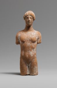 Terracotta doll from head to mid-thigh