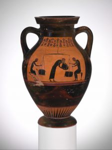 Black-figured amphora with three men weighing merchandise.