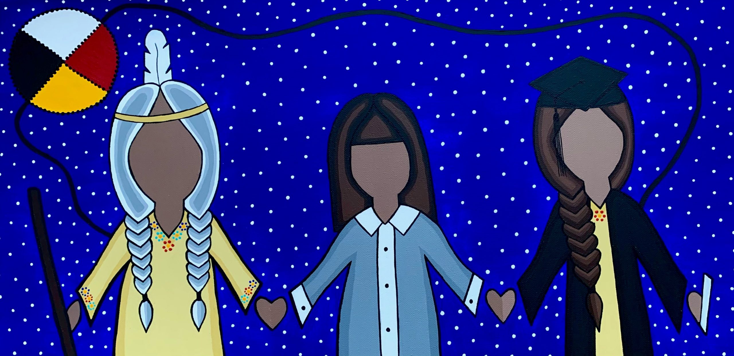 Stylized painting of three First Nations women. One is an elder, one is a child, and one is a graduate.