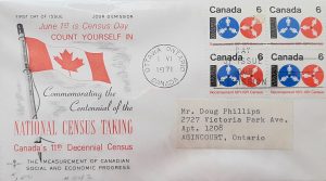 First Day Cover of the 1971 Canadian postage stamp celebrating the Census. The stamp shows reels of film, with human figures as the spokes.